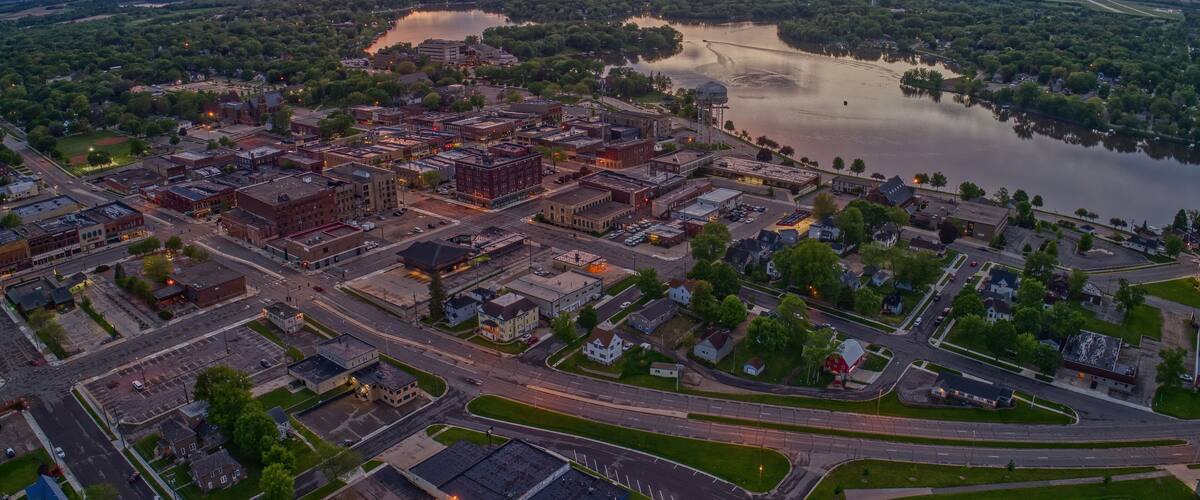 Aerial View of Downtown Albert Lea, Minnesota at Dusk in Summer