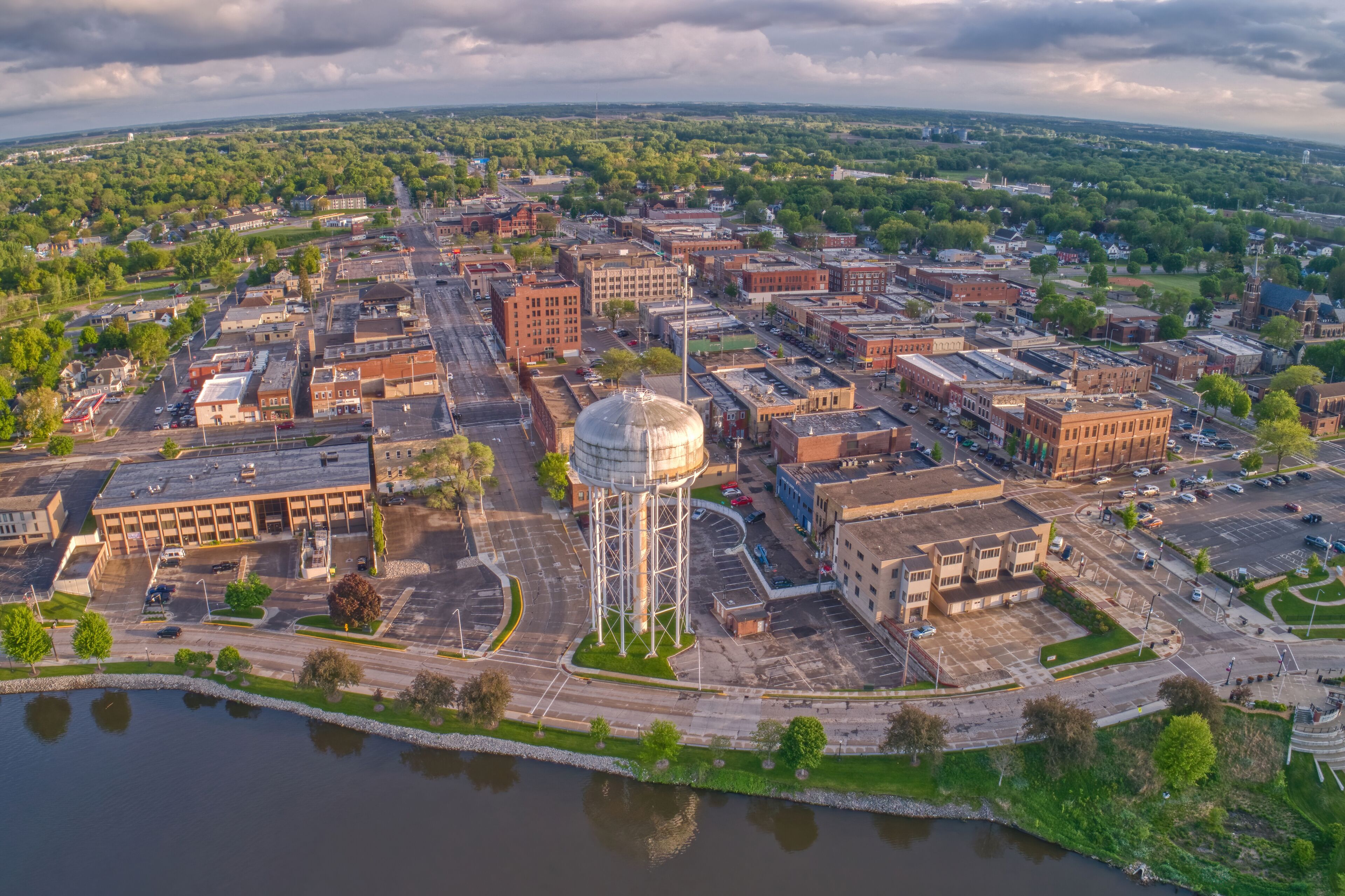 Aerial View of Downtown Albert Lea, Minnesota at Dusk in Summer