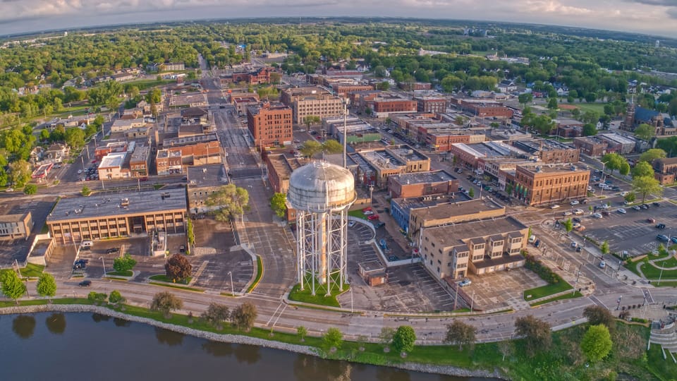 Aerial View of Downtown Albert Lea, Minnesota at Dusk in Summer