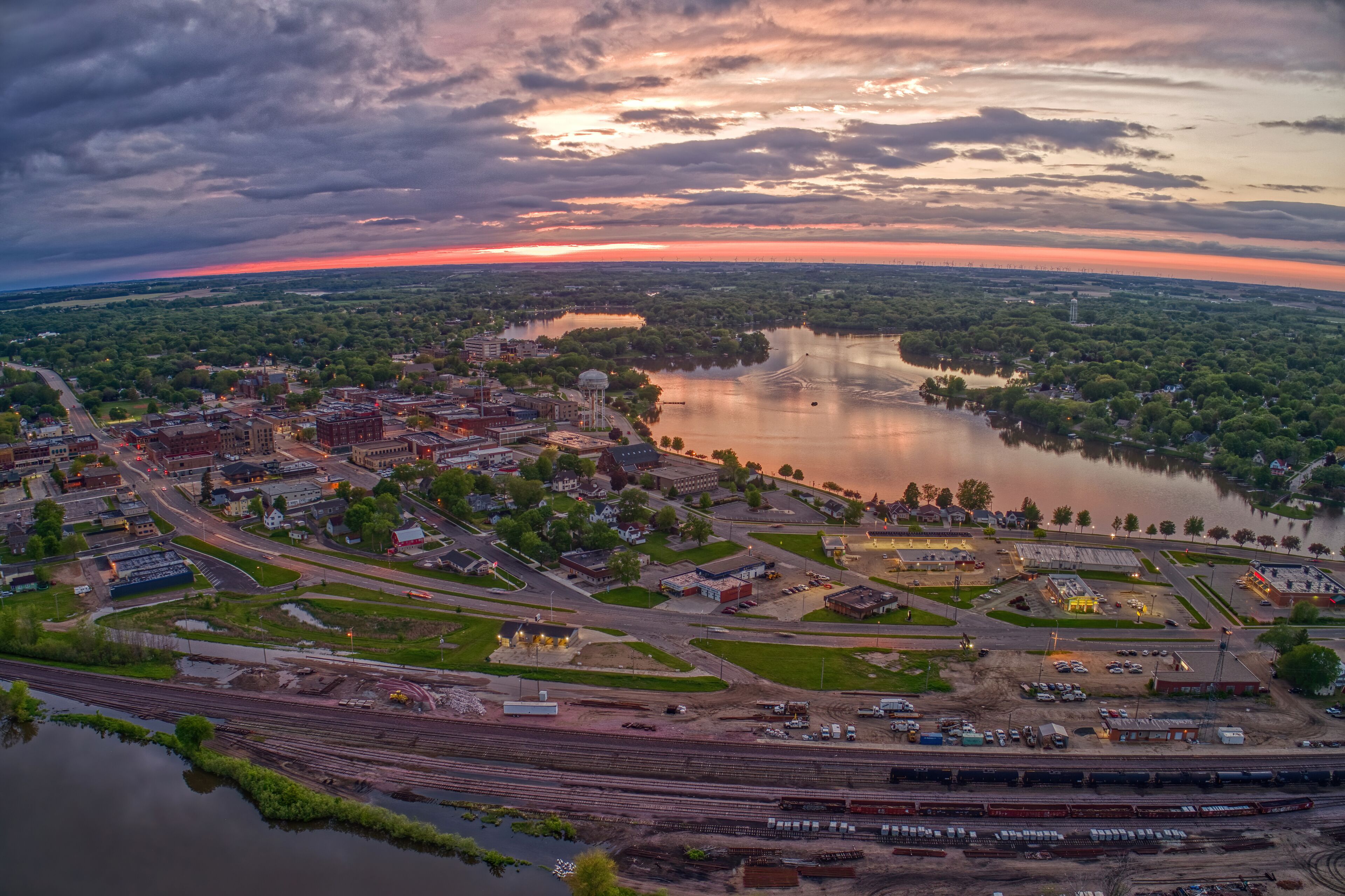 Aerial View of Downtown Albert Lea, Minnesota at Dusk in Summer