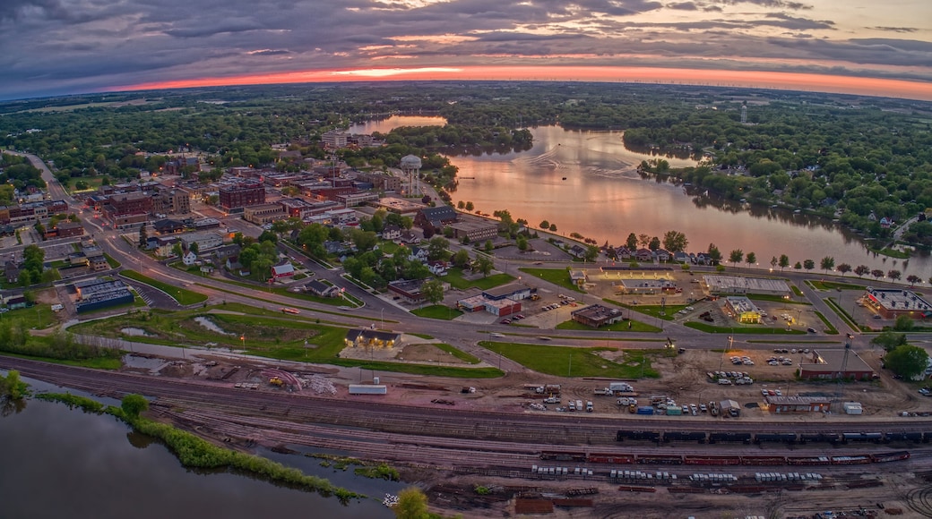 Aerial View of Downtown Albert Lea, Minnesota at Dusk in Summer