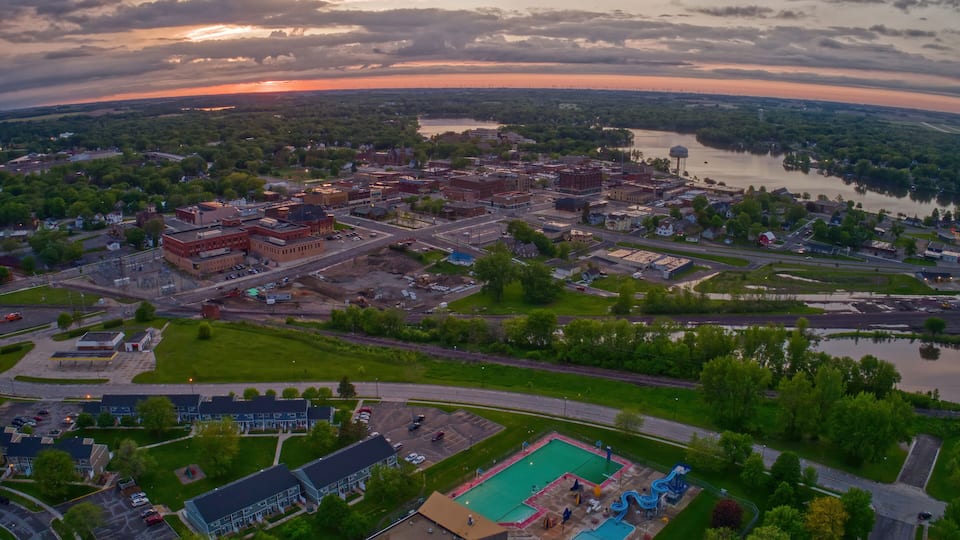 Aerial View of Downtown Albert Lea, Minnesota at Dusk in Summer