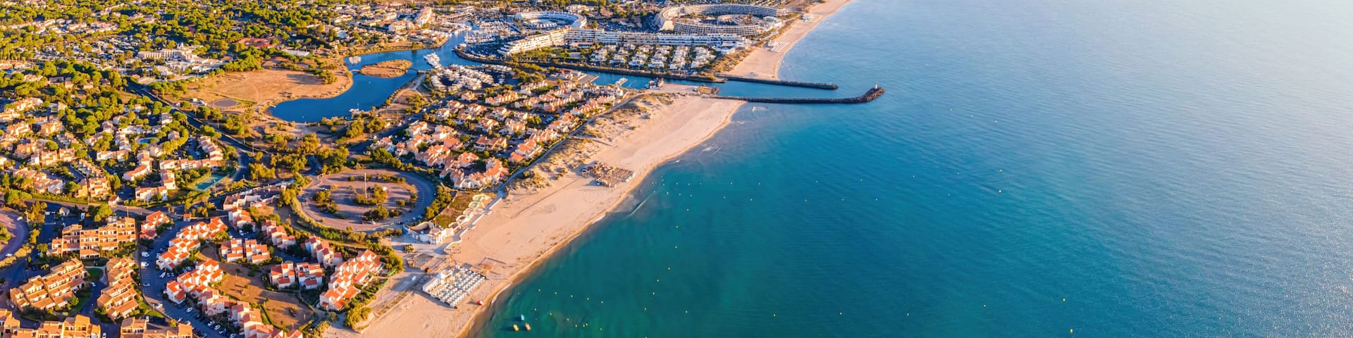 Aerial view of Cap d'Agde a seaside resort and naturist village on France's Mediterranean coast, Europe