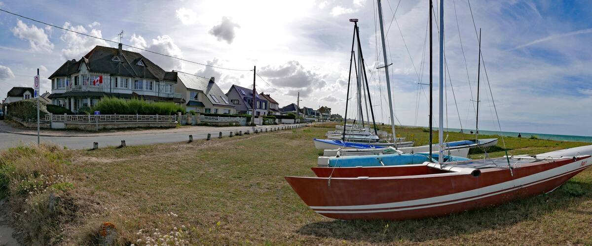A coastal village with houses, a grassy promenade, and several sailboats.