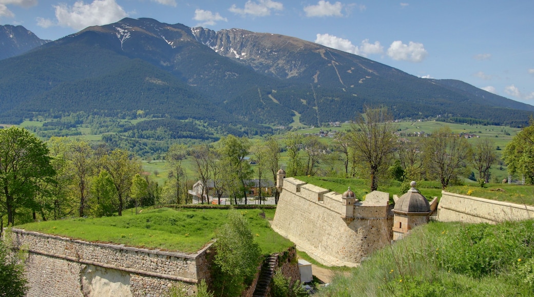A castle with a stone wall and a tower, surrounded by green fields and trees, with a mountain in the background.