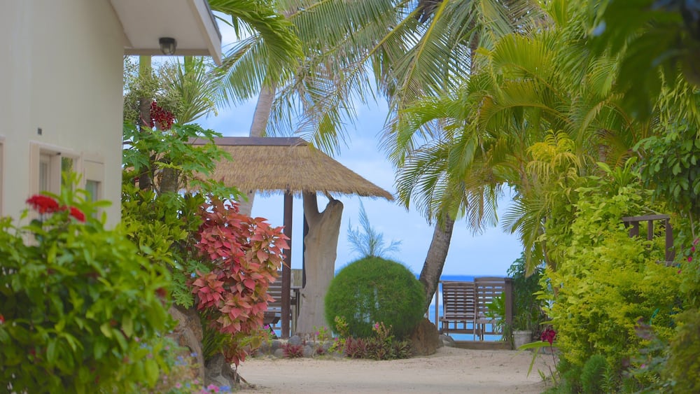A tropical garden with palm trees, a thatched-roof structure, and a view of the ocean.