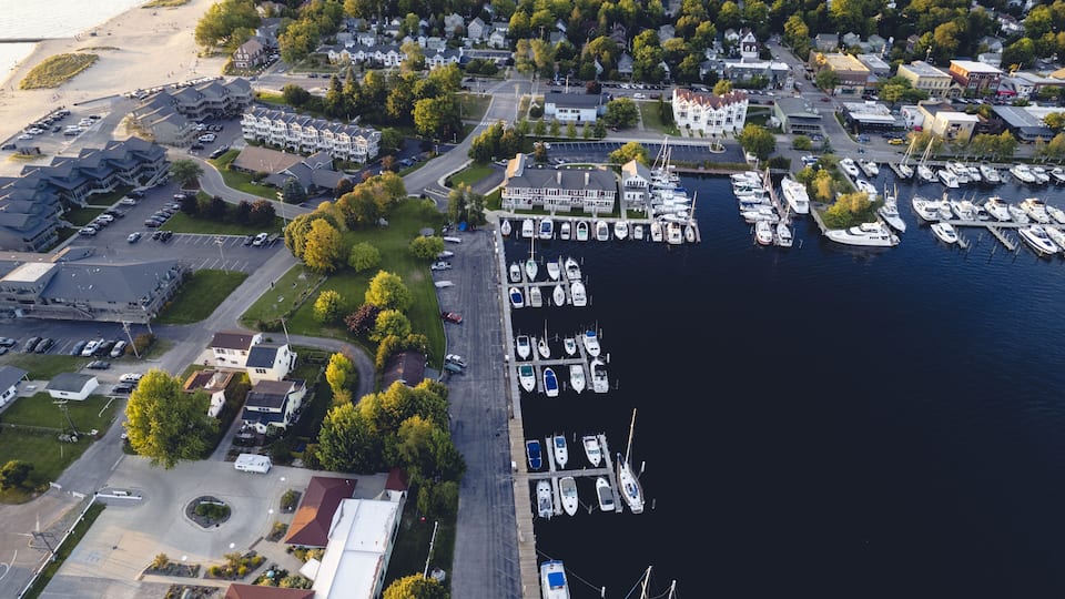 Aerial view of the harbor in Frankfort, Michigan