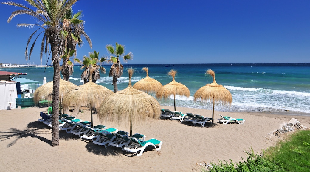 Beach in the popular resort of Marbella in Spain, Costa del Sol, Andalucia region, Malaga province.