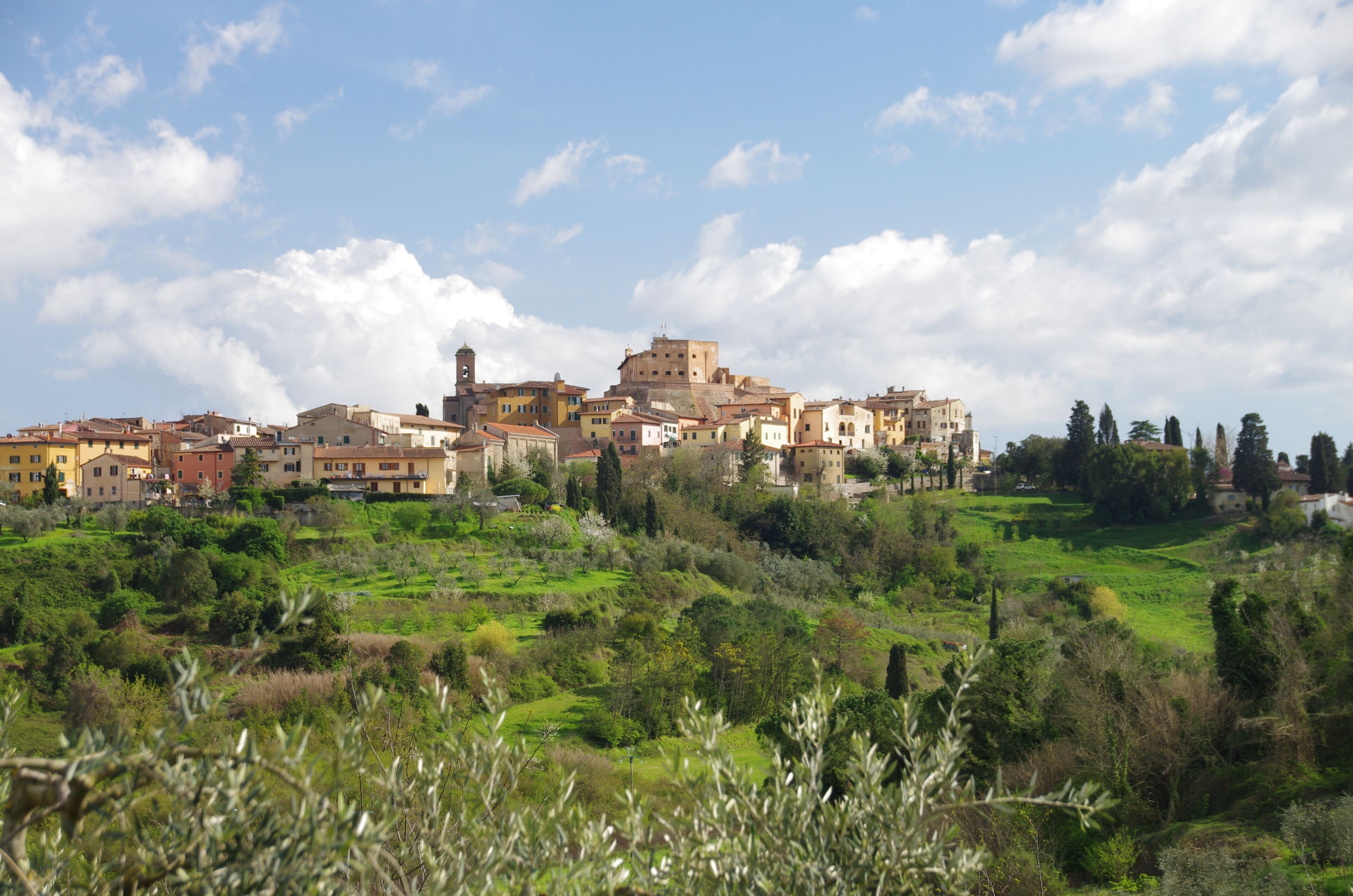 A hillside town with historic buildings and lush greenery.