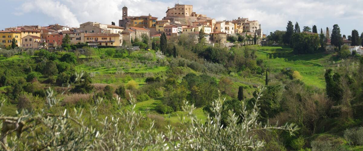 A hillside town with historic buildings and lush greenery.