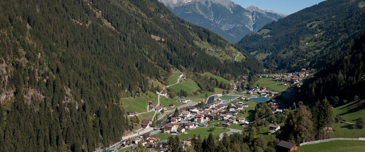 A mountainous landscape with a valley town surrounded by forests and snow-capped peaks.