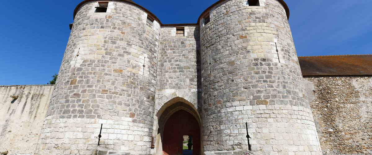 A stone castle with two round towers and an arched entrance.