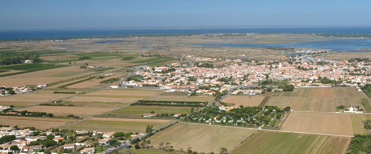 An aerial view of a coastal town with fields, a harbor, and a church.