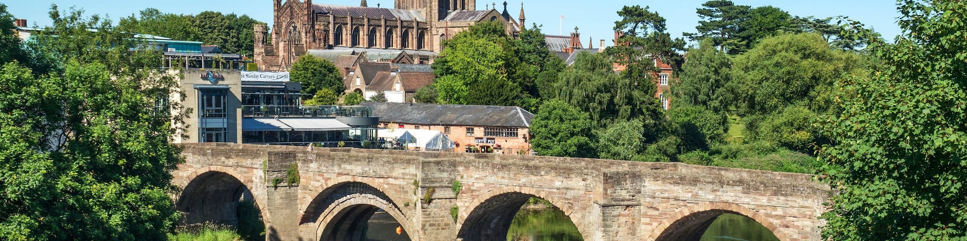 Wye Bridge and Hereford Cathedral, Hereford, Herefordshire, England, United Kingdom