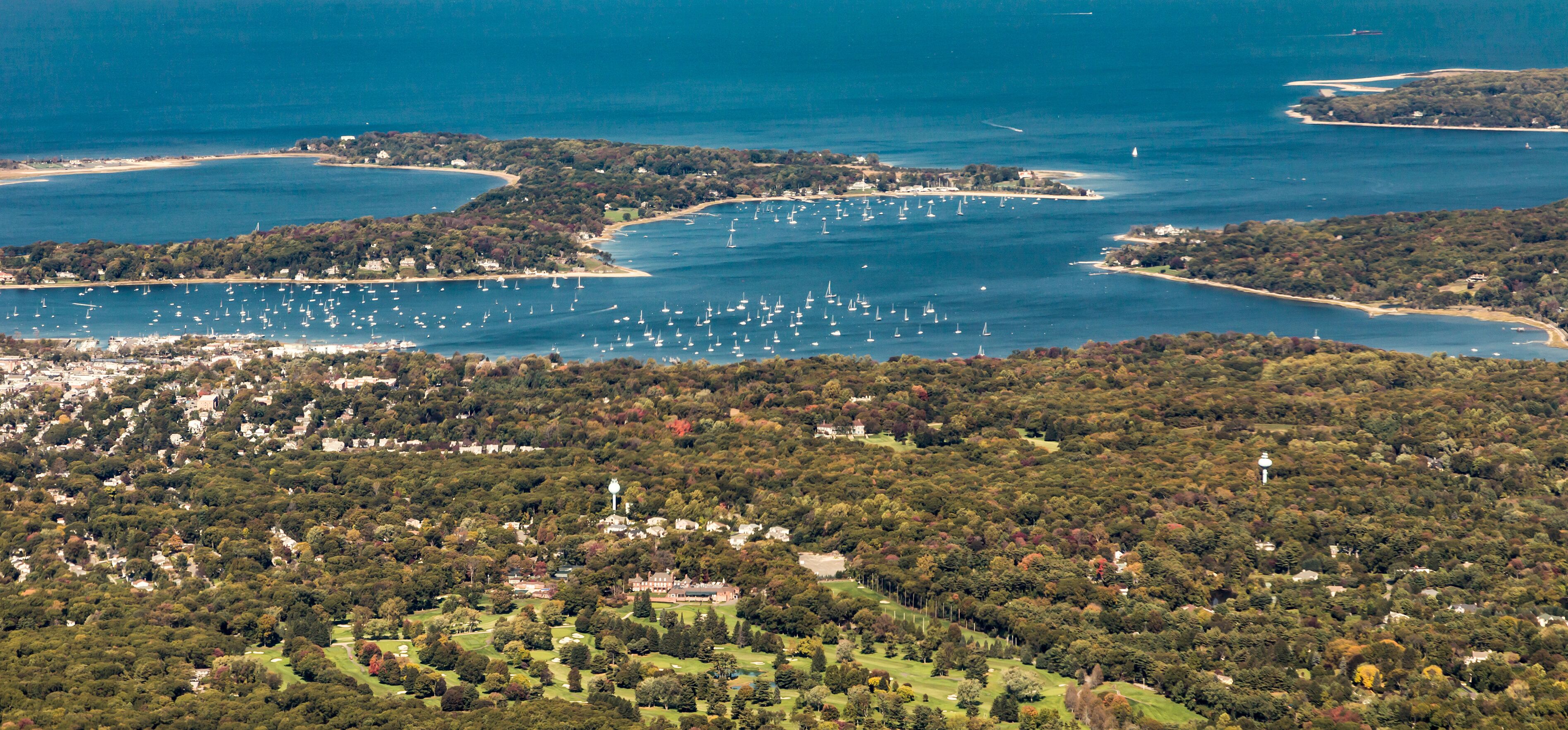 aerial of Oister Bay in New York at long island lake
