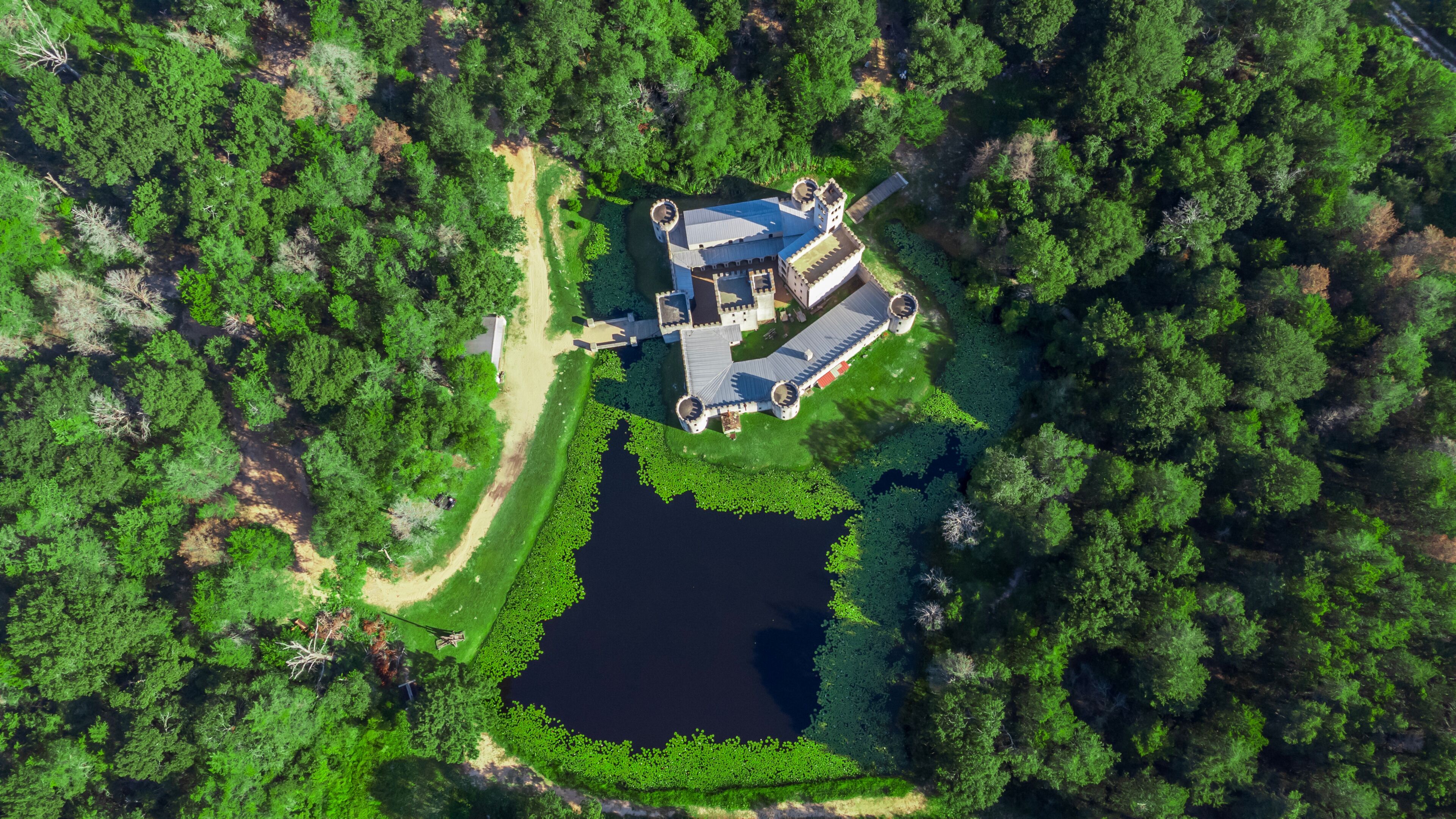 An aerial view of a castle surrounded by dense forest and a small pond.