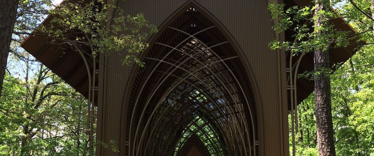 Beautiful chapel designed by Fay Jones, architect and University of Arkansas professor, who was a student of Frank Lloyd Wright.  He also designed the award-winning Thorncrown Chapel near Eureka Springs, AR.