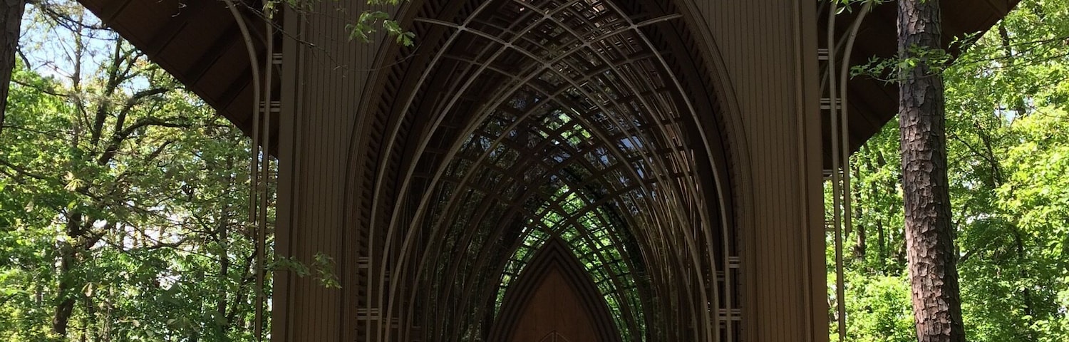Beautiful chapel designed by Fay Jones, architect and University of Arkansas professor, who was a student of Frank Lloyd Wright. He also designed the award-winning Thorncrown Chapel near Eureka Springs, AR.