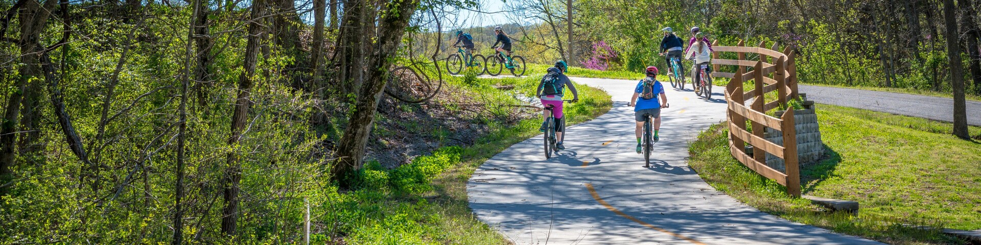 Un camino pavimentado para bicicletas que atraviesa una zona boscosa, con ciclistas.