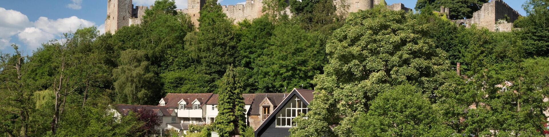 A castle on a hill with a river in the foreground and a house in the middle ground.
