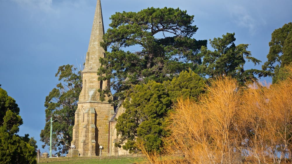 A tall stone church with a pointed spire, surrounded by trees and grass.