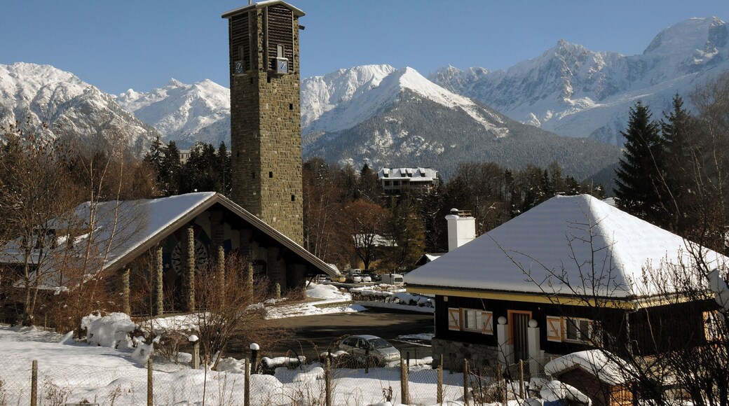 The famous church of Plateau d'Assy and the Mont Blanc chain