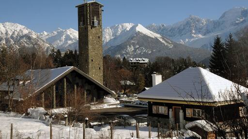 The famous church of Plateau d'Assy and the Mont Blanc chain