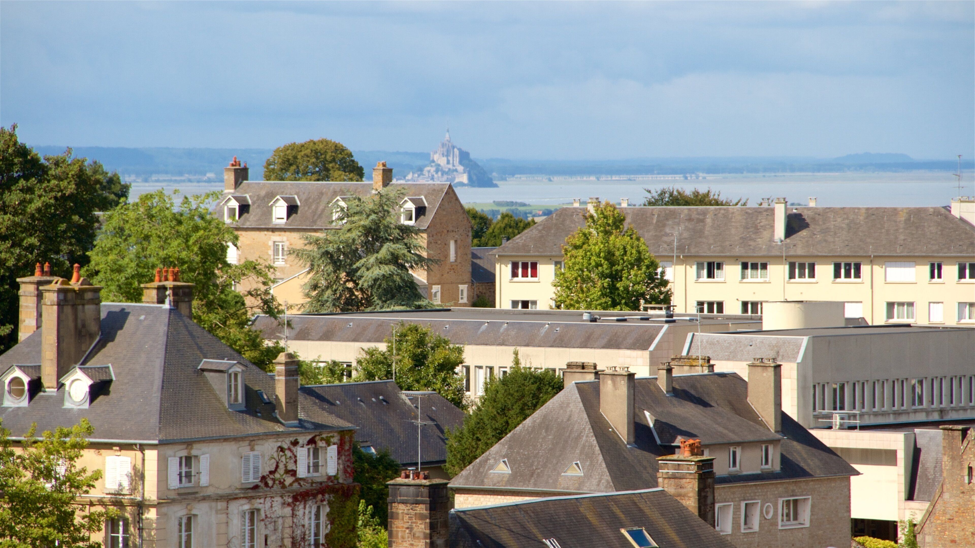 A coastal town with historic buildings, a prominent church, and a distant castle.