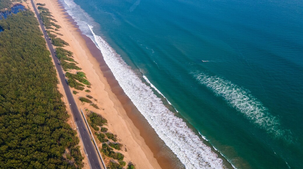 Scenic aerial view of Puri Konark Marine Drive coastline, Odisha, India, with wide sandy beach, turquoise ocean, palm-lined shore, and natural tropical seascape