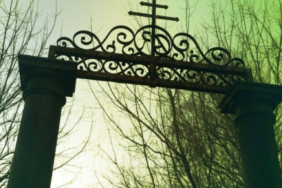 Una reja metálica con una cruz, rodeada de árboles desprovistos de hojas.