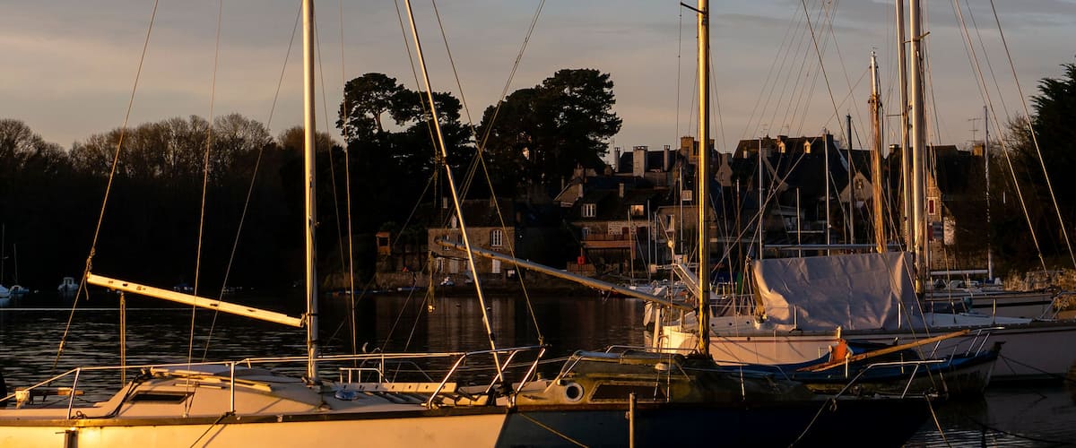 A marina with several sailboats docked.