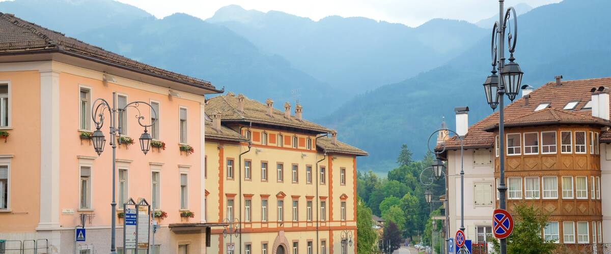 A street with buildings, a car, and mountains in the background.