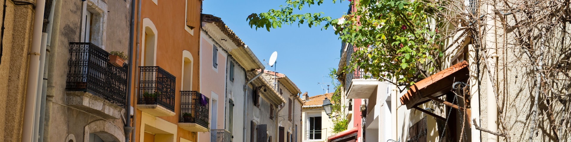A narrow street with old buildings, a clear blue sky, and a tree with green leaves.