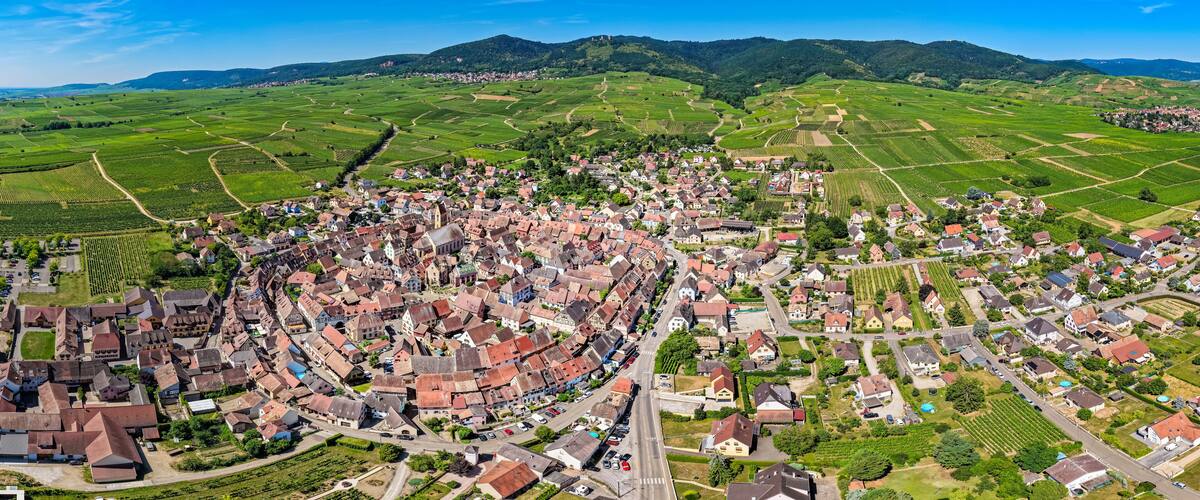 A village with red-roofed houses surrounded by green fields and mountains in the background.