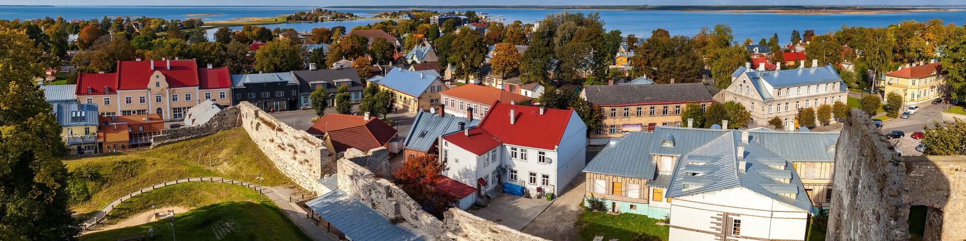 Panoramic view of small town Haapsalu from castle tower, coast of Baltic sea, Estonia
