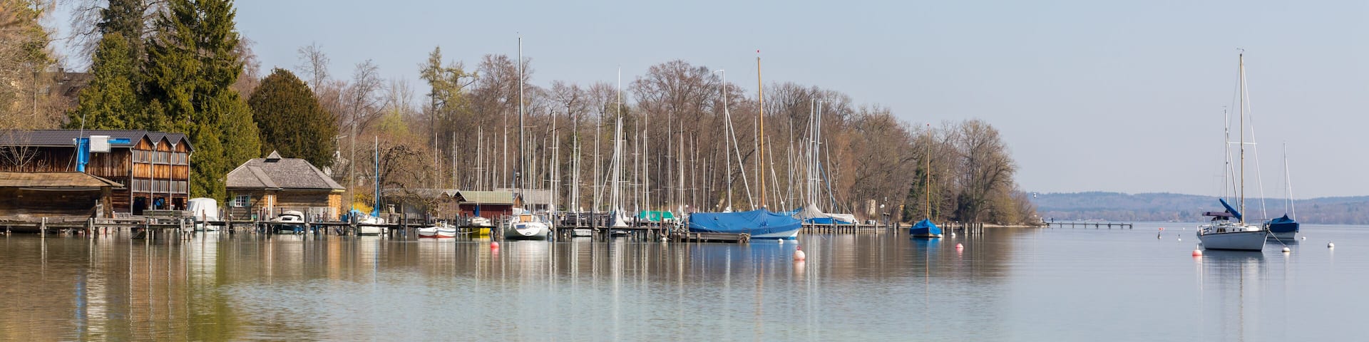 Panorama of marina with sailboats at Starnberger See