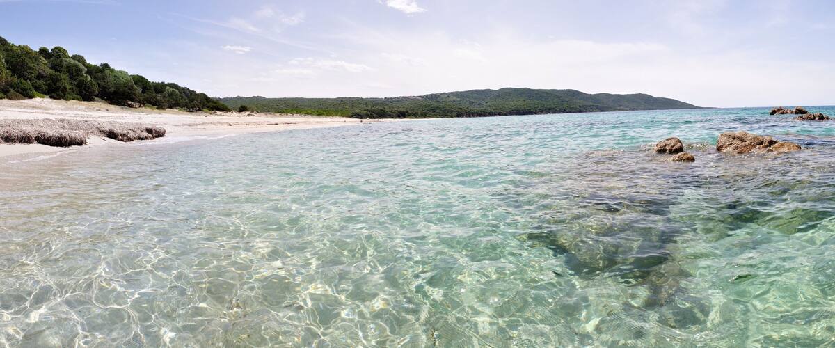 A clear coastal beach with rocky outcrops and a forested hillside in the background.