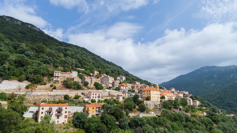 Landscape with Olmeto town on a summer day, island of Corsica