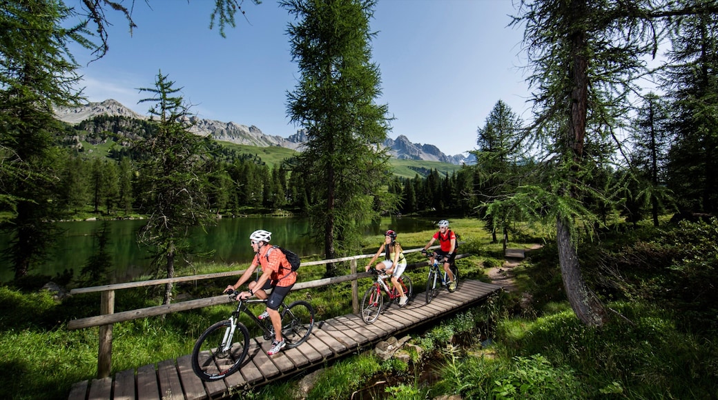 Fassa Valley featuring a pond and cycling as well as a small group of people