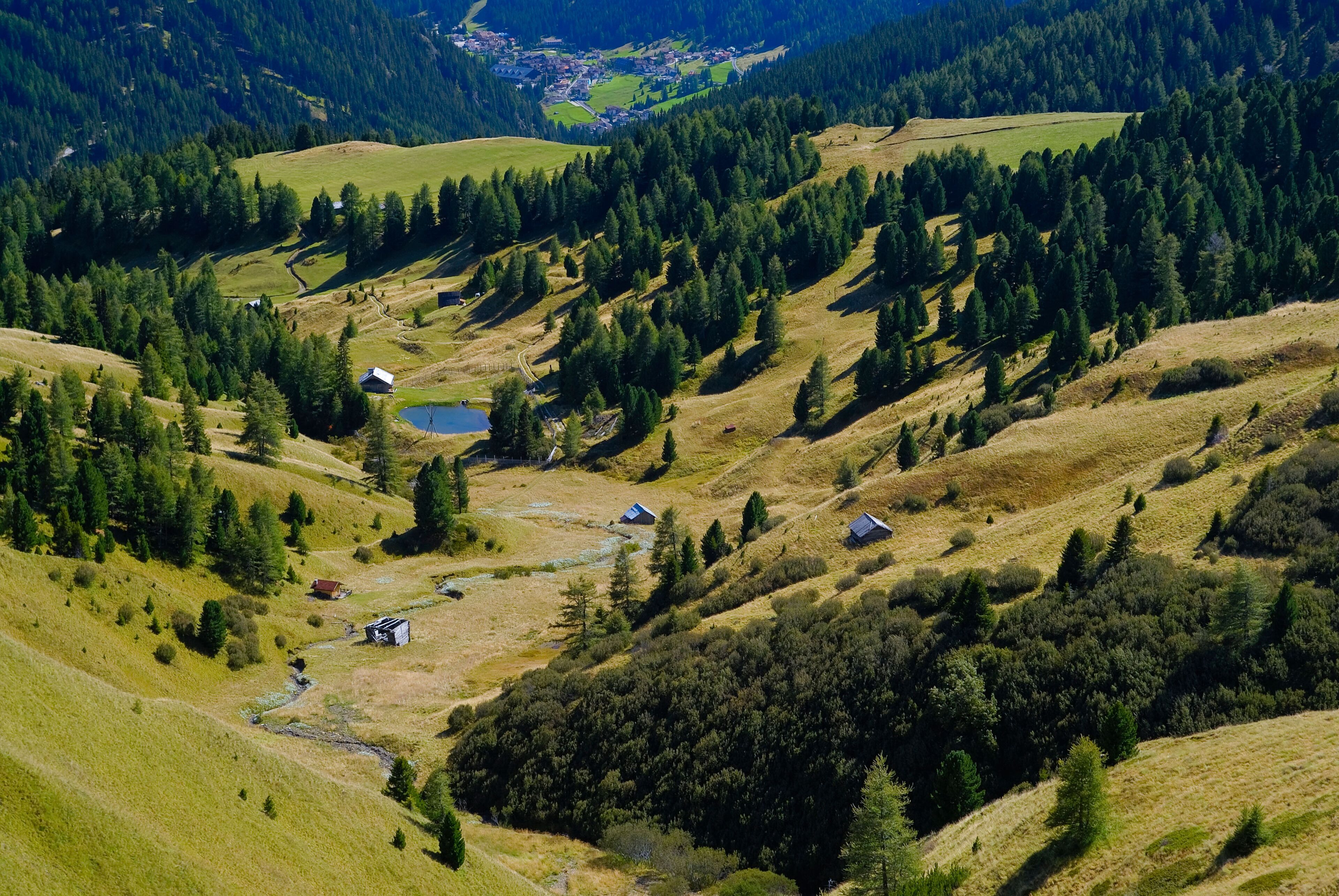 Paisagem montanhosa com casas dispersas, um rio e florestas densas.