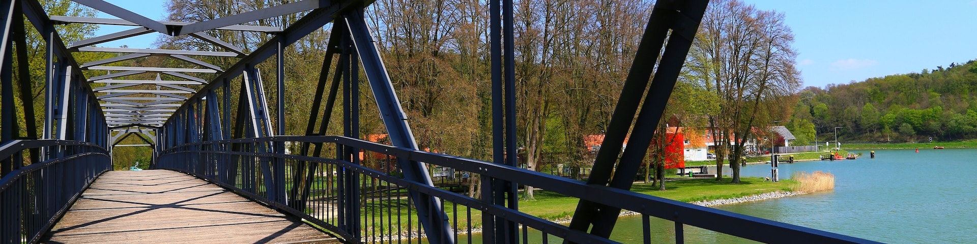 Looking from the footbridge Bergeshöveder Steg onto the Nasses Dreieck (Wet Triangle) in Hörstel-Bergeshövede, Kreis Steinfurt, North Rhine-Westphalia, Germany.