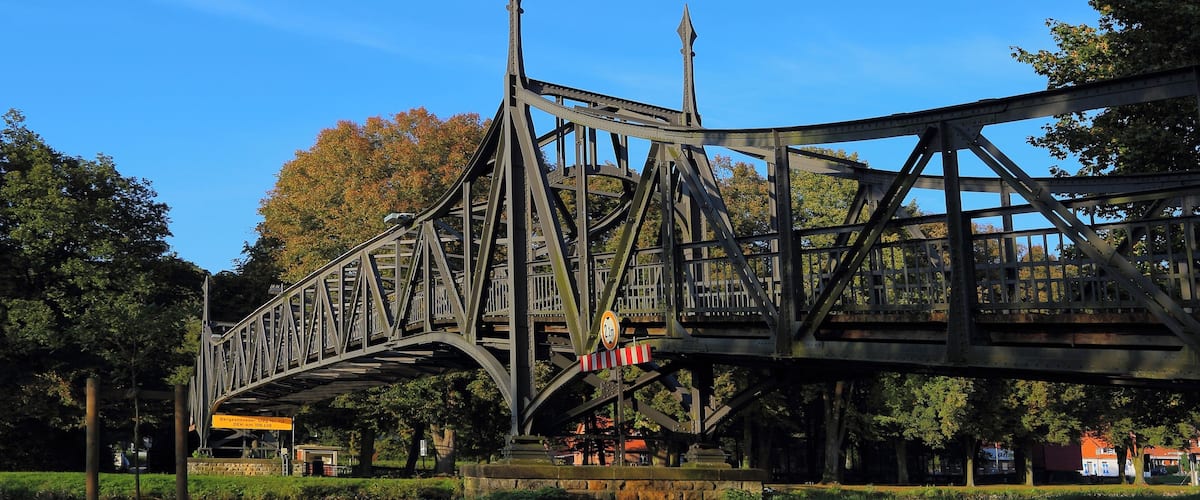Footbridge Bergeshöveder Steg at the Nasses Dreieck (Wet Triangle) in Hörstel-Bergeshövede, Kreis Steinfurt, North Rhine-Westphalia, Germany.