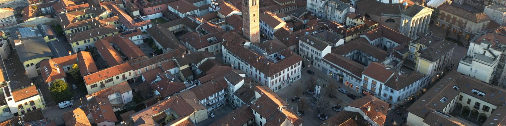 Aerial View of Seregno with Barbarossa Tower and Basilica, Italy