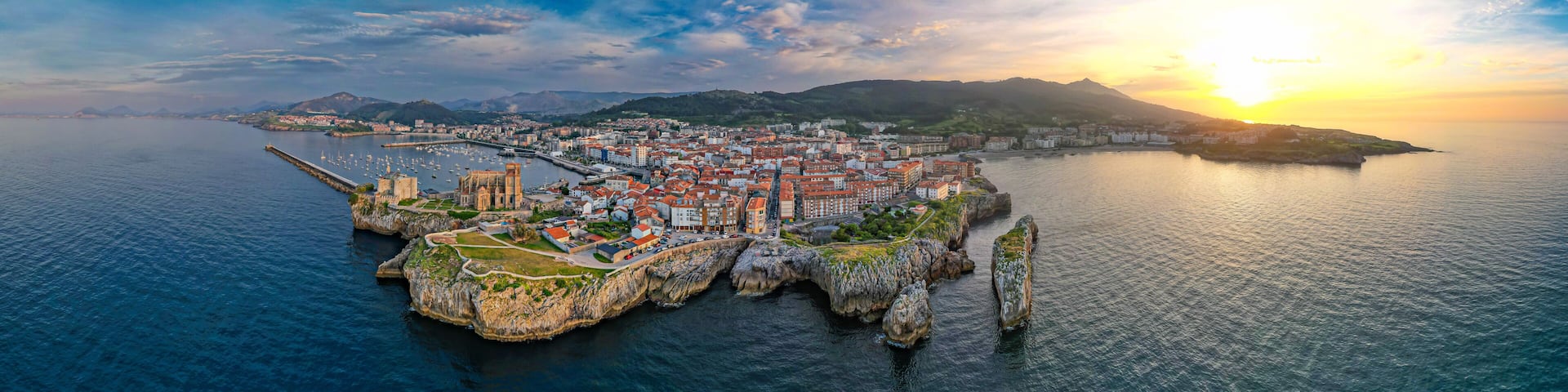 Seaside Spanish village of Castro Urdiales Spain at sunset from above