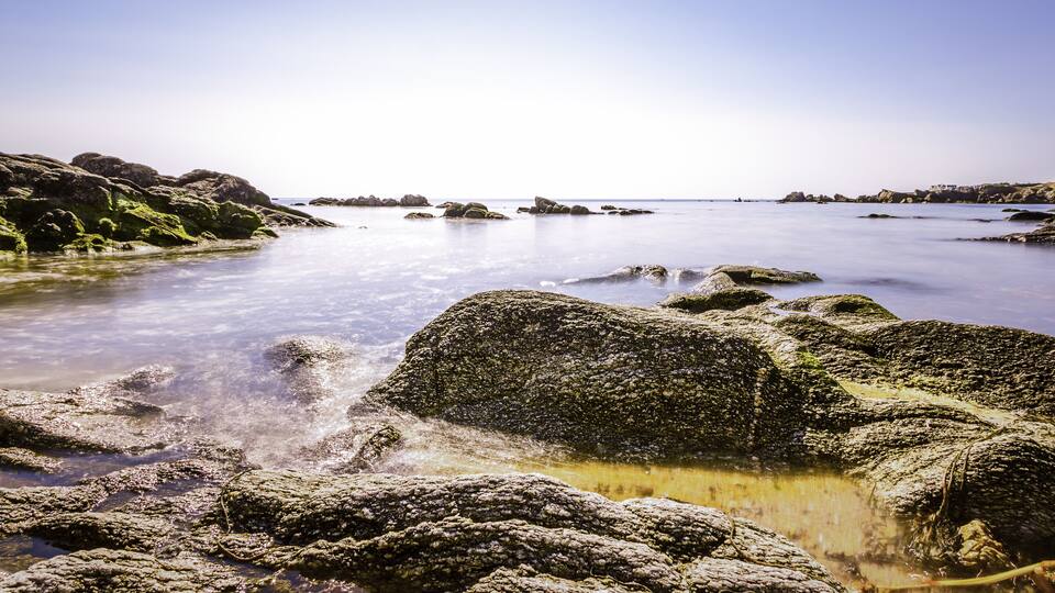 A rocky shoreline with clear water and distant buildings.