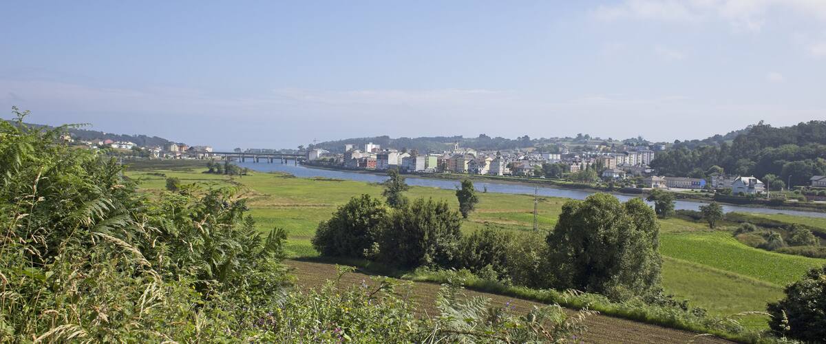 A river with a bridge, green fields, and a town in the background.