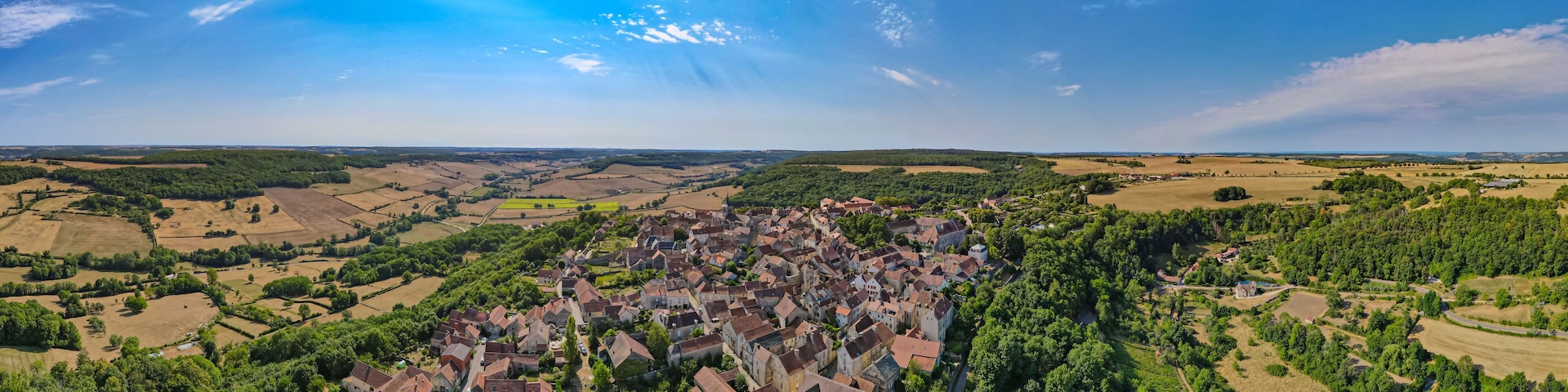 Aerial view above the Plus Beaux Villages de France of Flavigny in the département de la Côte-d'Or