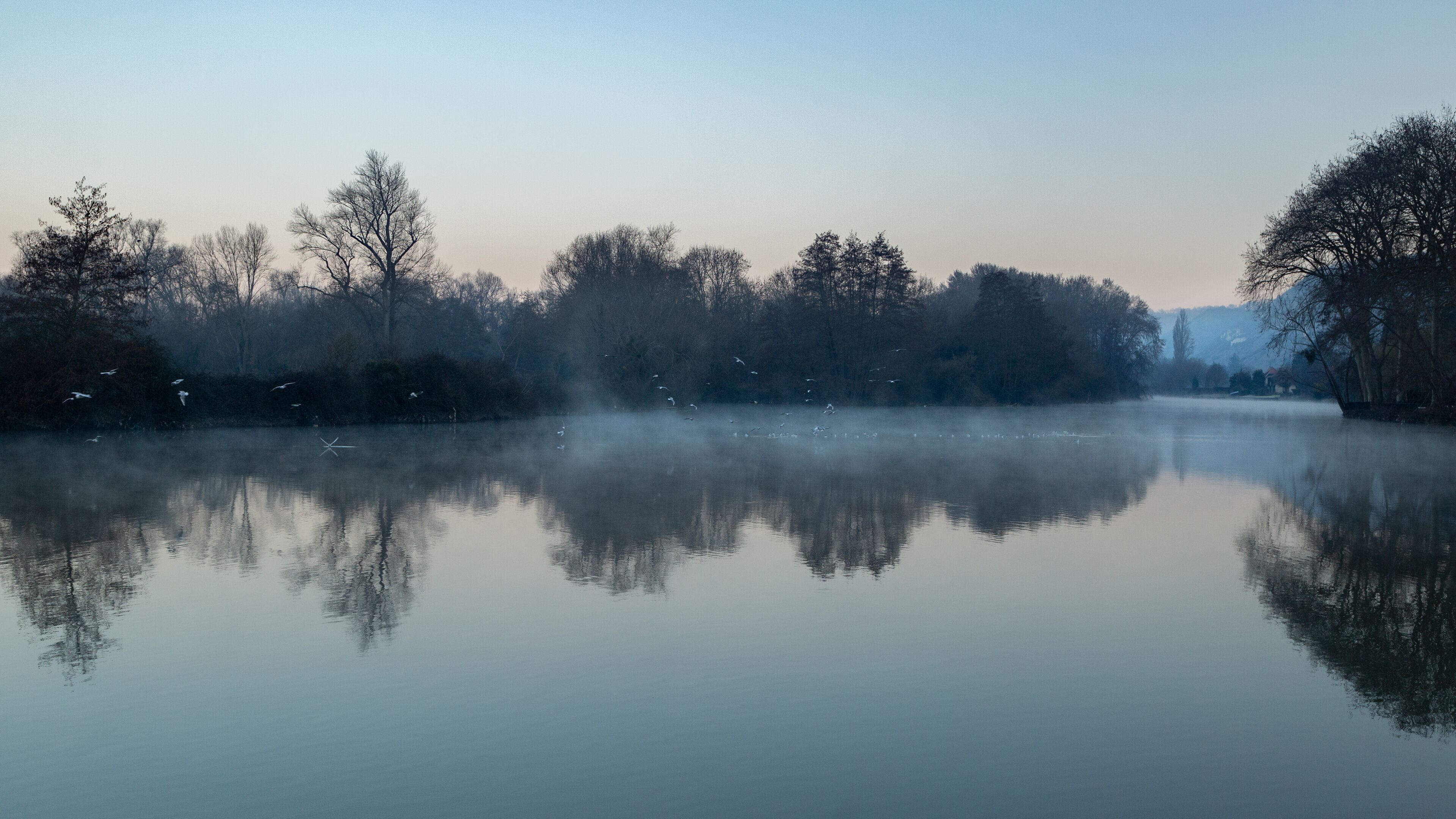 A calm river with trees reflecting on the water, surrounded by a misty landscape.