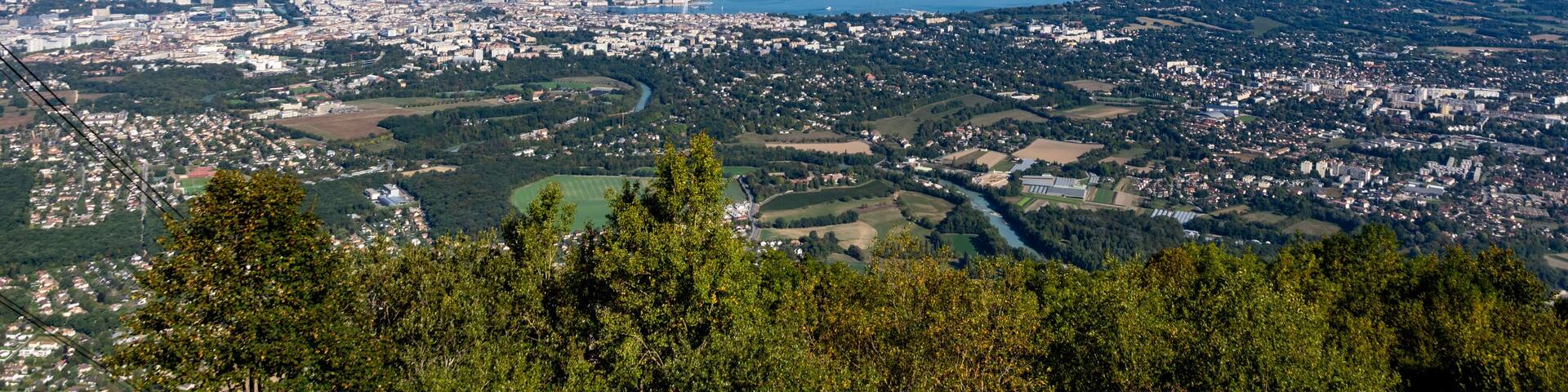 Aerial view of Geneva, Switzerland, lac lemon / geneva lake and the surounding landscape as seen from Mont-Saleve, France
