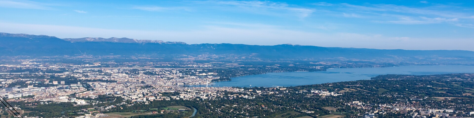Aerial view of Geneva, Switzerland, lac lemon / geneva lake and the surounding landscape as seen from Mont-Saleve, France